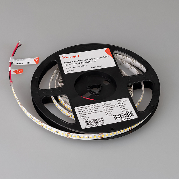 Светодиодная лента RT-A192-10mm 24V Warm3500 (17.6 W/m, IP20, 2835, 5m) (Arlight, высок.эфф.150 лм/Вт) Lednikoff