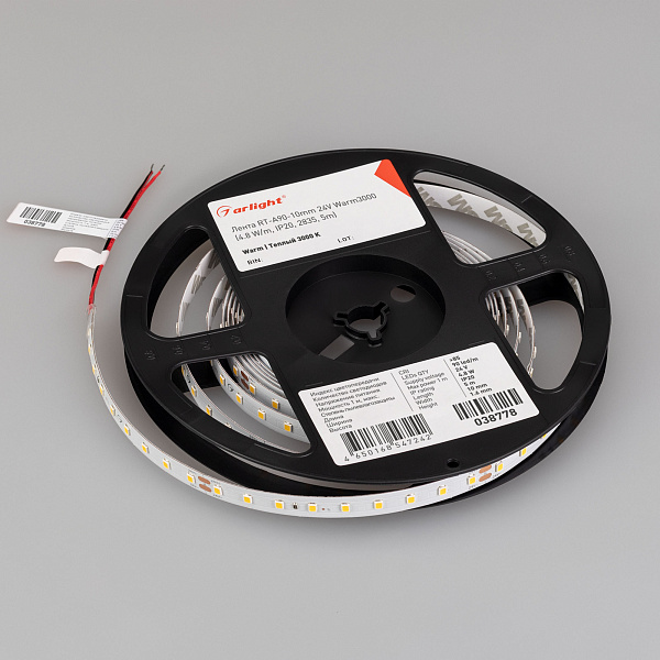 Светодиодная лента RT-A90-10mm 24V Warm3000 (4.8 W/m, IP20, 2835, 5m) (Arlight, высок.эфф.200 лм/Вт) Lednikoff
