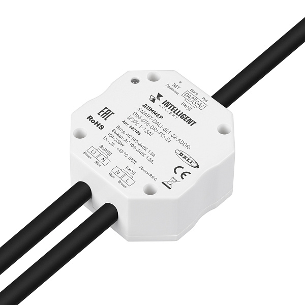 INTELLIGENT ARLIGHT Диммер SMART-DALI-601-62-ADDR-DIM-DT6-DRI-PD-IN (230V, 1x1.5A) (IARL, IP20 Пластик, 5 лет) Lednikoff