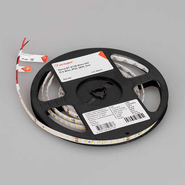 Светодиодная лента RT-A128-8mm 24V Day5000 (10 W/m, IP20, 5m) (Arlight, высок.эфф.150 лм/Вт) Lednikoff