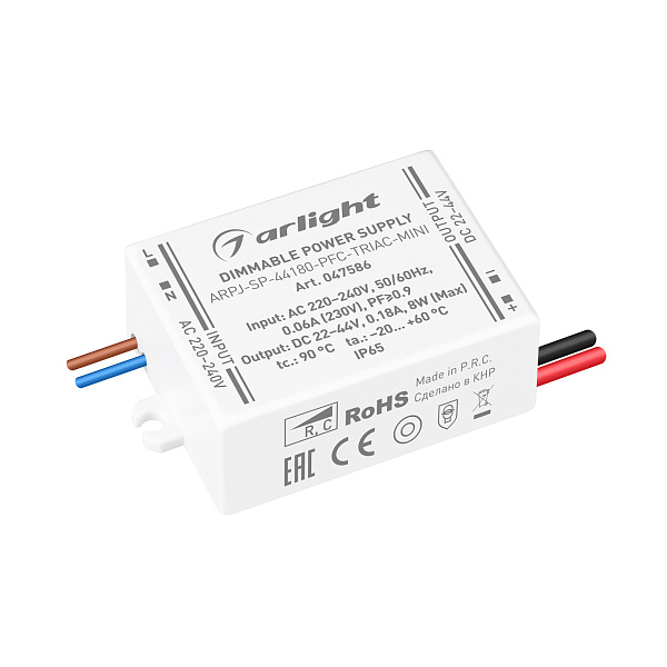 Блок питания ARPJ-SP-44180-PFC-TRIAC-MINI (8W, 22-44V, 180mA) (Arlight, IP65 Пластик, 5 лет) Lednikoff