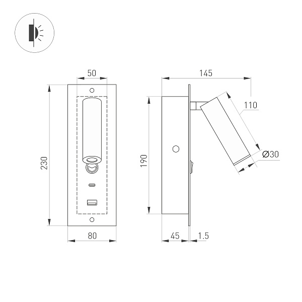Светильник SP-BED-CHARGE-BUILT-S80x230-3W Warm3000 (BK, 20 deg, 230V, USB-A, USB-C) (Arlight, IP20 Металл, 3 года) Lednikoff