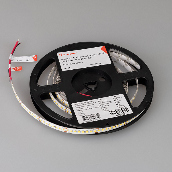 Светодиодная лента RT-A192-10mm 24V Warm2700 (17.6 W/m, IP20, 2835, 5m) (Arlight, высок.эфф.150 лм/Вт) Lednikoff