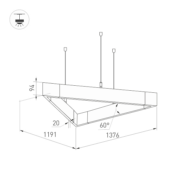 Светильник ALT-LINEAIR-TRIANGLE-FLAT-UPDOWN-DIM-1375-130W Warm3000 (BK, 100 deg, 230V) (Arlight, IP20 Металл, 3 года)