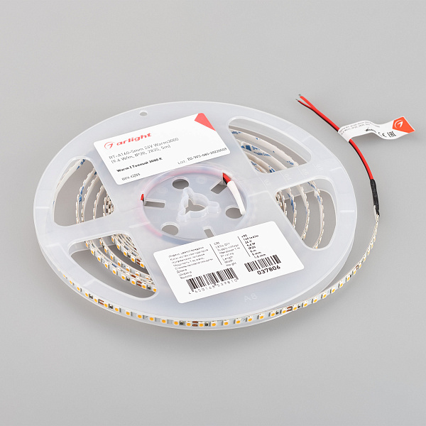 Светодиодная лента RT-A160-5mm 24V Warm3000 (9.6 W/m, IP20, 2835, 5m) (Arlight, Открытый) Lednikoff