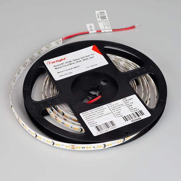 Светодиодная лента RT-A168-10mm 24V Dim-To-Warm (14.4 W/m, IP20, 2835, 5m) (Arlight, Dim-To-Warm) Lednikoff