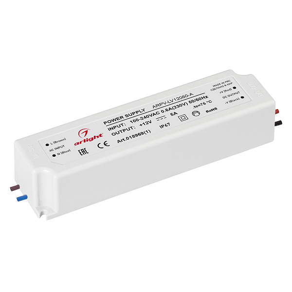 Блок питания ARPV-LV12060-A (12V, 5.0A, 60W) (Arlight, IP67 Пластик, 3 года) Lednikoff