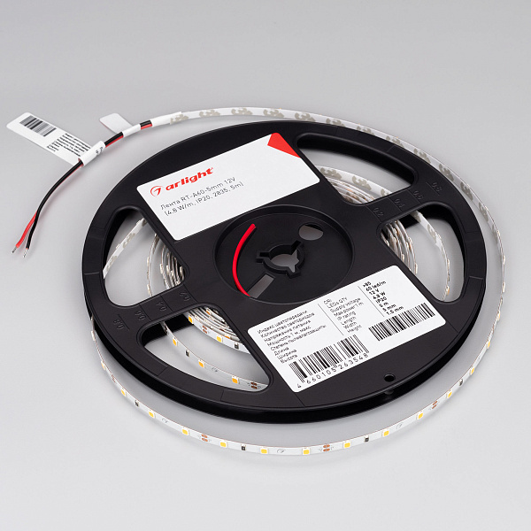 Светодиодная лента RT-A60-5mm 12V Cool 15K (4.8 W/m, IP20, 2835, 5m) (Arlight, 4.8 Вт/м, IP20) Lednikoff