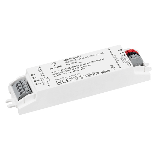 Блок питания ARJ-SP-36-PFC-DALI2-NFC-PD-WR (36W, 3-50V, 0.15-0.9A) (Arlight, IP20 Пластик, 5 лет) Lednikoff