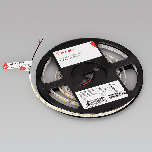Светодиодная лента RT-A160-8mm 24V Day5000 (12 W/m, IP20, 2835, 5m) (Arlight, высок.эфф.150 лм/Вт) Lednikoff