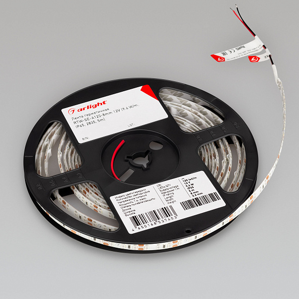 Светодиодная лента герметичная RTW-SE-A120-8mm 12V Yellow (9.6 W/m, IP65, 2835, 5m) (Arlight, 9.6 Вт/м, IP65) Lednikoff