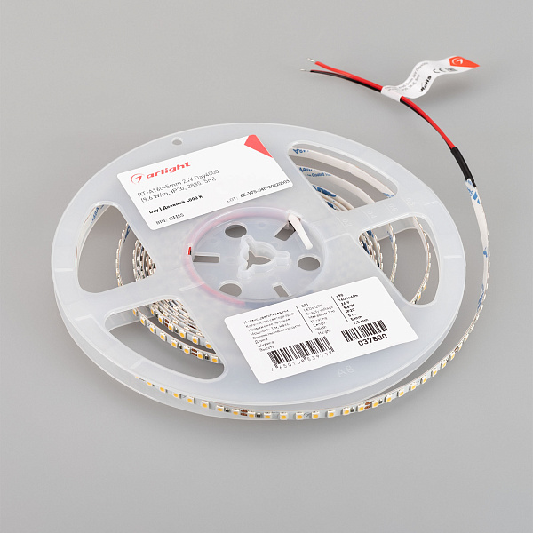 Светодиодная лента RT-A160-5mm 24V Day4000 (9.6 W/m, IP20, 2835, 5m) (Arlight, Открытый) Lednikoff