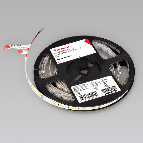 Светодиодная лента RT-B60-10mm 24V White6000 (14.4 W/m, IP20, 5060, 5m) (Arlight, 14.4 Вт/м, IP20) Lednikoff
