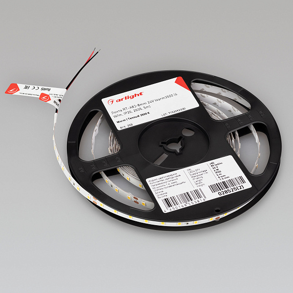 Светодиодная лента RT-A80-8mm 24V Warm3500 (6 W/m, IP20, 2835, 5m) (Arlight, Открытый) Lednikoff