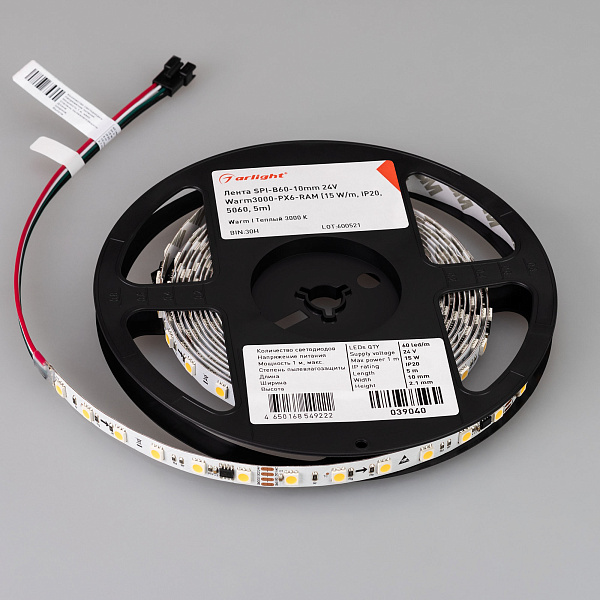 Светодиодная лента SPI-B60-10mm 24V Warm3000-PX6-RAM (15 W/m, IP20, 5060, 5m) (Arlight, бегущий огонь) Lednikoff