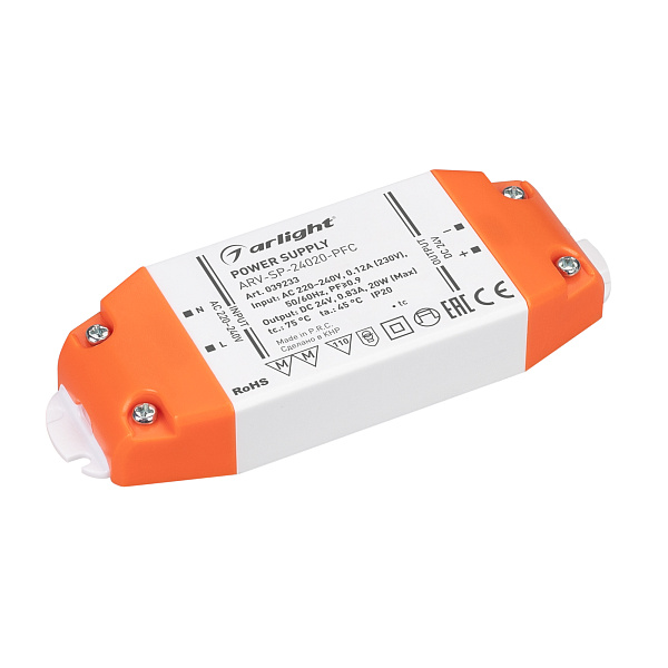 Блок питания ARV-SP-24020-PFC (24V, 0.83A, 20W) (Arlight, IP20 Пластик, 5 лет) Lednikoff
