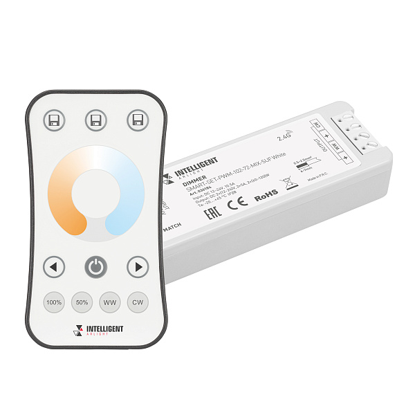 INTELLIGENT ARLIGHT Диммер SMART-SET-PWM-102-72-MIX-SUF White (12-24V, 2x5A, ПДУ RING 10кн, 2.4G) (IARL, IP20 Пластик, 5 лет) Lednikoff