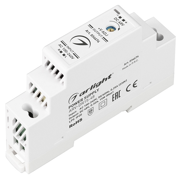Блок питания ARV-DR15-48 (48V, 0.32A, 15W) (Arlight, IP20 DIN-рейка) Lednikoff