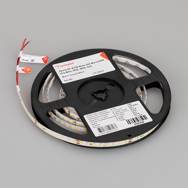 Светодиодная лента RT-A128-8mm 24V Warm3000 (9.6 W/m, IP20, 2835, 5m) (Arlight, высок.эфф.150 лм/Вт) Lednikoff