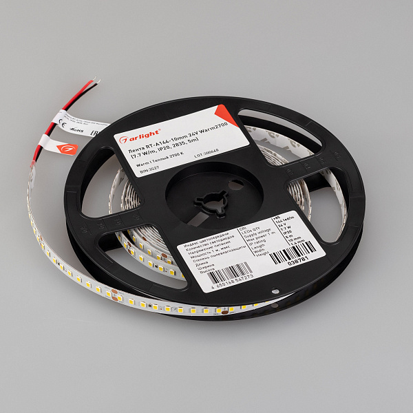 Светодиодная лента RT-A144-10mm 24V Warm2700 (7.7 W/m, IP20, 2835, 5m) (Arlight, высок.эфф.200 лм/Вт) Lednikoff