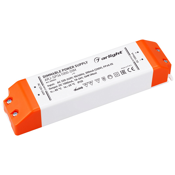 Блок питания ARJ-SP361000-DIM (36W, 1000mA, PFC, Triac) (Arlight, IP20 Пластик, 3 года) Lednikoff