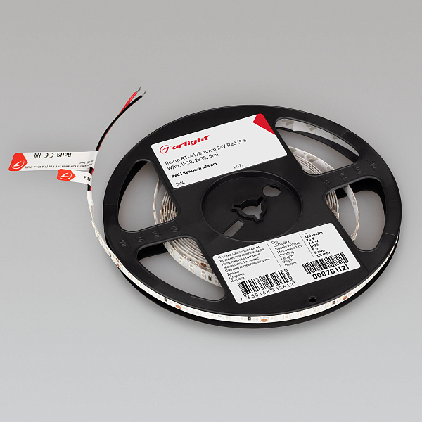 Светодиодная лента RT-A120-8mm 24V Red (9.6 W/m, IP20, 2835, 5m) (Arlight, 9.6 Вт/м, IP20) Lednikoff