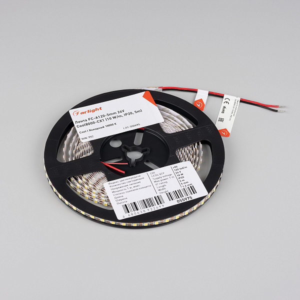 Светодиодная лента FC-A120-5mm 24V Сool8K-CX1 (10 W/m, IP20, 5m) (Arlight, резка 1 светодиод) Lednikoff