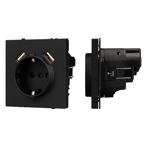 ARL NOBE Розетка зк со шторками с USB тип А+А софт-тач черный оникс SCT-MUAA-SFPL-BK (250V, 16A) (Arlight, -) Lednikoff