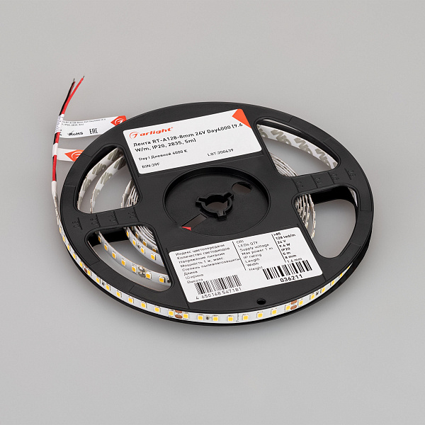 Светодиодная лента RT-A128-8mm 24V Day4000 (9.6 W/m, IP20, 2835, 5m) (Arlight, высок.эфф.150 лм/Вт) Lednikoff