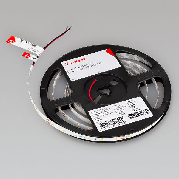 Светодиодная лента RT-A60-8mm 24V Warm2700 CRI98 (4.8 W/m, IP20, 2835, 5m) (Arlight, 4.8 Вт/м, IP20) Lednikoff