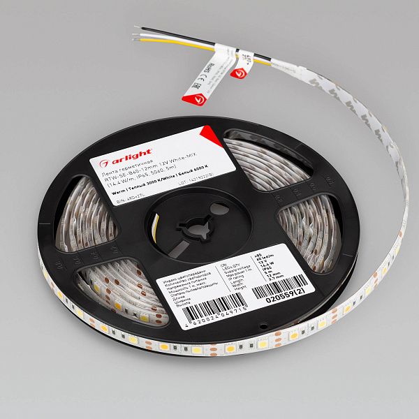 Светодиодная лента герметичная RTW-SE-B60-12mm 12V White-MIX (14.4 W/m, IP65, 5060, 5m) (Arlight, Изменяемая ЦТ) Lednikoff