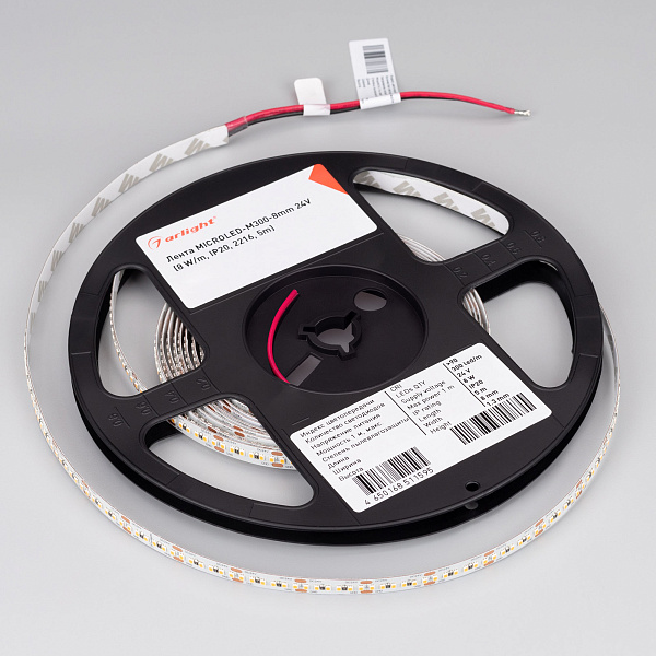 Светодиодная лента MICROLED-M300-8mm 24V White6000 (8 W/m, IP20, 2216, 5m) (Arlight, Открытый) Lednikoff