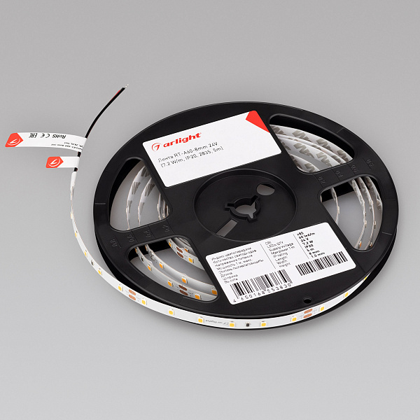 Светодиодная лента RT-A60-8mm 24V Day4000 (7.2 W/m, IP20, 2835, 5m) (Arlight, Открытый) Lednikoff