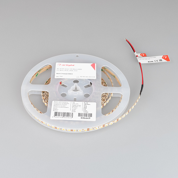 Светодиодная лента RZ-A120-6mm 12V Warm3000 (12 W/m, IP20, 2835, 5m) (Arlight, 12 Вт/м, IP20) Lednikoff