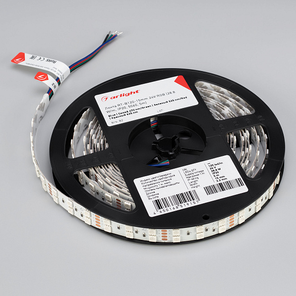 Светодиодная лента RT-B120-15mm 24V RGB (28.8 W/m, IP20, 5060, 5m) (Arlight, Открытый) Lednikoff