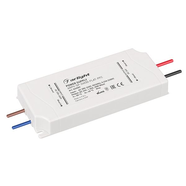 Блок питания ARPV-SP-24030-FLAT-PFC (24V, 1.25A, 30W) (Arlight, IP44 Пластик, 5 лет) Lednikoff