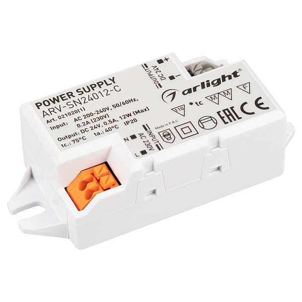 Блок питания ARV-SN24012-C (24V, 0.5A, 12W) (Arlight, IP20 Пластик, 3 года) Lednikoff