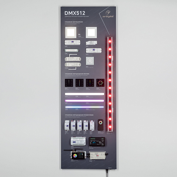 Стенд Управление светильниками DMX512 E34 1760x600mm (DB 3мм, пленка, лого) (Arlight, -)