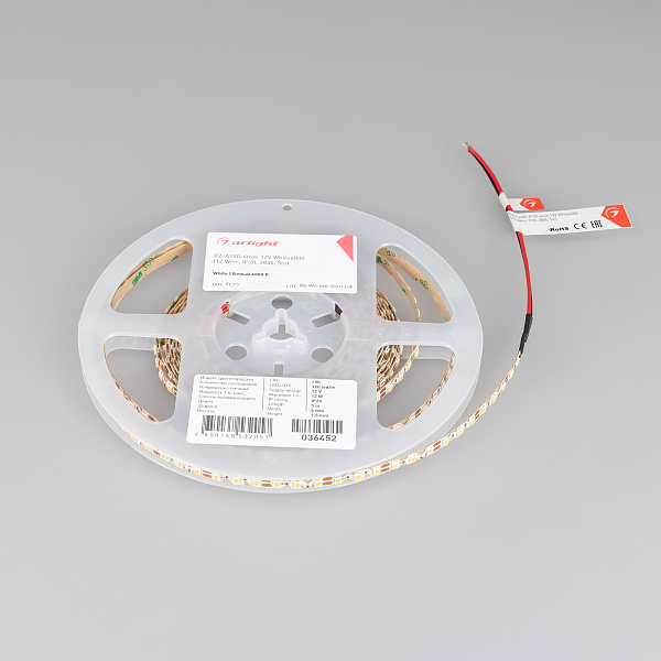 Светодиодная лента RZ-A120-6mm 12V White6000 (12 W/m, IP20, 2835, 5m) (Arlight, 12 Вт/м, IP20) Lednikoff