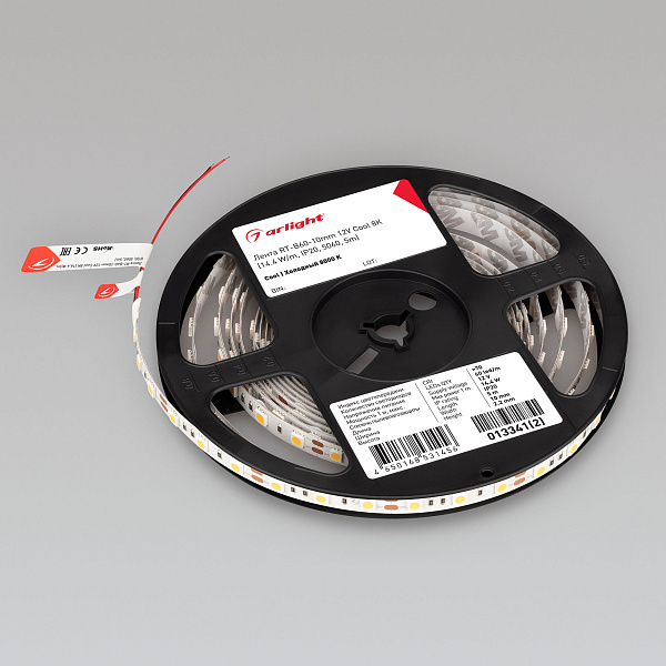 Светодиодная лента RT-B60-10mm 12V Cool 8K (14.4 W/m, IP20, 5060, 5m) (Arlight, 14.4 Вт/м, IP20) Lednikoff