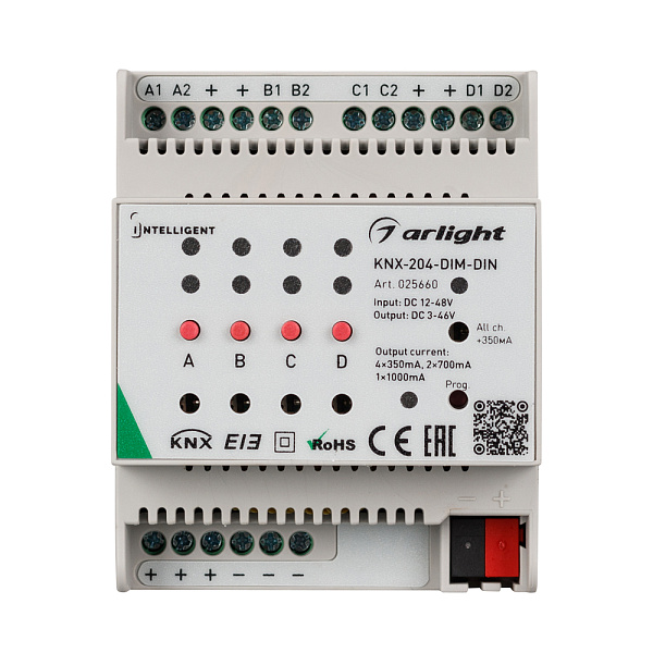 INTELLIGENT ARLIGHT Диммер KNX-204-DIM-DIN (12-48V, 8x0.35/4x0.7/2x1A) (IARL, IP20 Пластик, 2 года) Lednikoff
