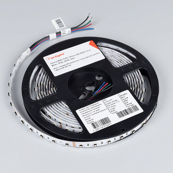 Светодиодная лента MINI-F60-10mm 24V RGB (14.4 W/m, IP20, 3535, 5m) (Arlight, Открытый) Lednikoff