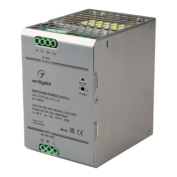 Блок питания ARV-DRP480-PFC-24 (24V, 20A, 480W) (Arlight, IP20 Металл, 5 лет) Lednikoff