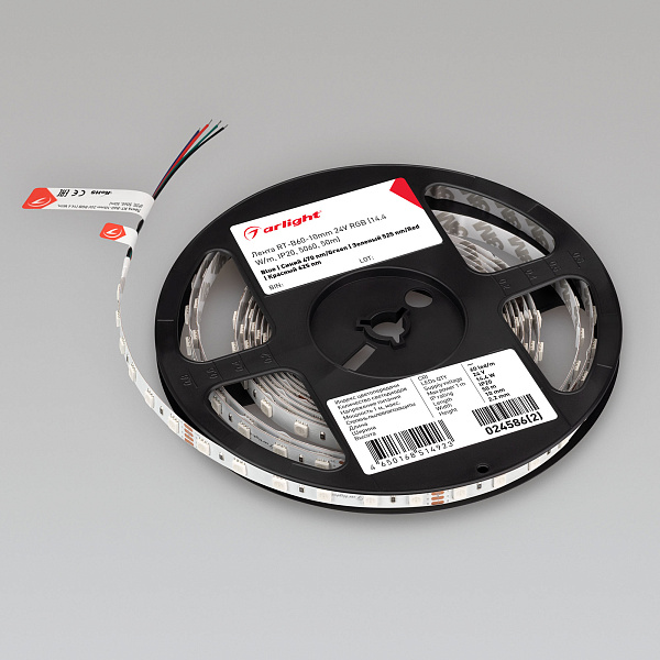 Светодиодная лента RT-B60-10mm 24V RGB (14.4 W/m, IP20, 5060, 50m) (Arlight, Открытый) Lednikoff