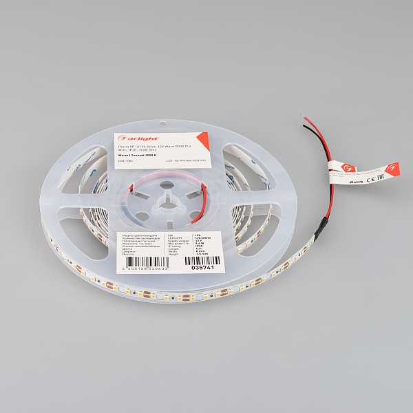 Светодиодная лента NT-A120-8mm 12V Warm3000 (9.6 W/m, IP20, 3528, 5m) (Arlight, 9.6 Вт/м, IP20) Lednikoff