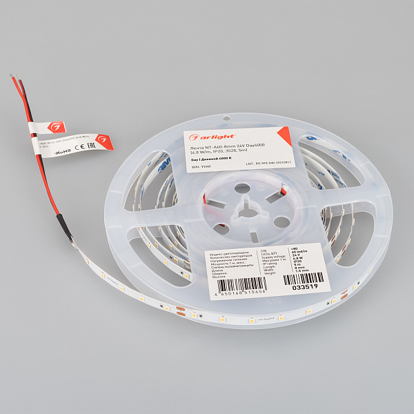 Светодиодная лента NT-A60-8mm 24V White6000 (4.8 W/m, IP20, 3528, 5m) (Arlight, Открытый) Lednikoff
