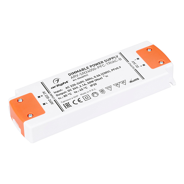 Блок питания ARV-SN24050-PFC-TRIAC-B (24V, 2.1A, 50W) (Arlight, IP20 Пластик, 3 года) Lednikoff