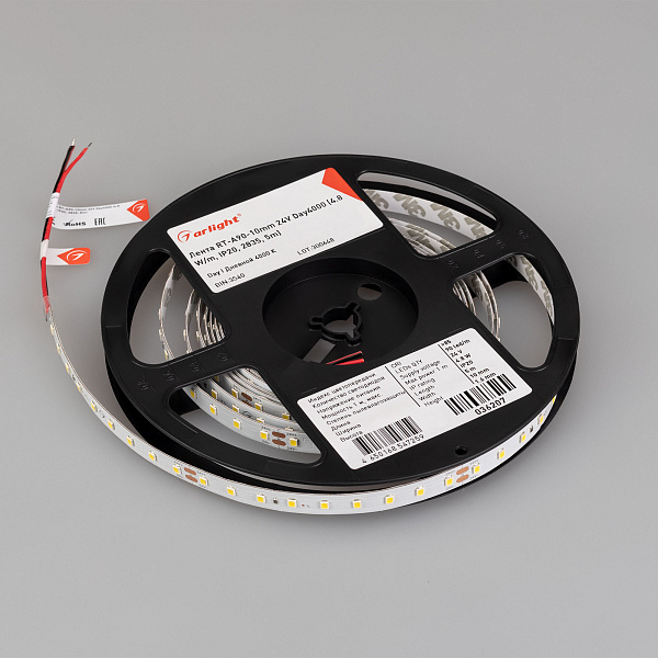 Светодиодная лента RT-A90-10mm 24V Day4000 (4.8 W/m, IP20, 2835, 5m) (Arlight, высок.эфф.200 лм/Вт) Lednikoff
