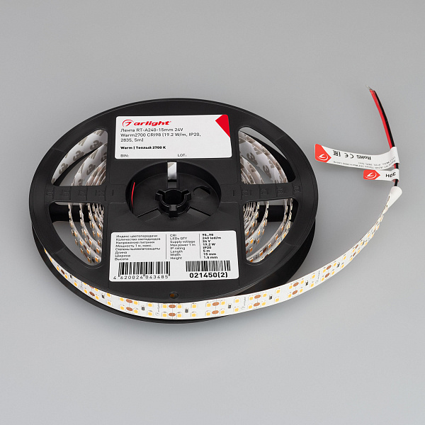 Светодиодная лента RT-A240-15mm 24V Warm2700 CRI98 (19.2 W/m, IP20, 2835, 5m) (Arlight, Открытый) Lednikoff
