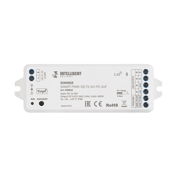 INTELLIGENT ARLIGHT Диммер SMART-PWM-102-72-SH-PD-SUF (12-36V, 2x5A, TUYA BLE, 2.4G) (IARL, IP20 Пластик, 5 лет) Lednikoff
